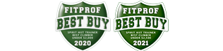 Two green shields with the words fitprof best buy on them